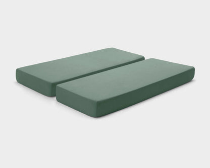 It-Fits fitted sheets for adjustable beds in Sage green, 100% Australian cotton, on a split queen mattress with deep pockets against a plain background.
