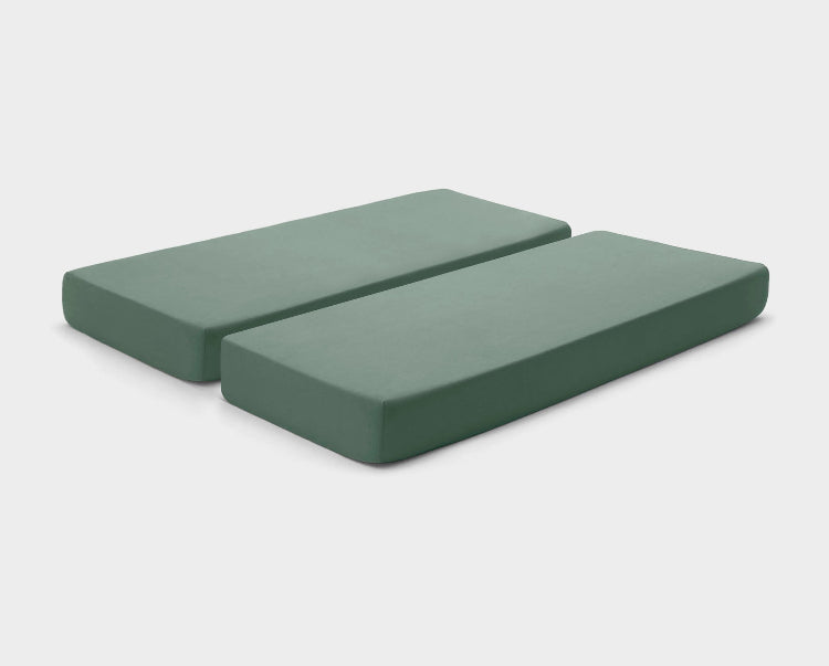 It-Fits fitted sheets for adjustable beds in Sage green, 100% Australian cotton, on a split queen mattress with deep pockets against a plain background.